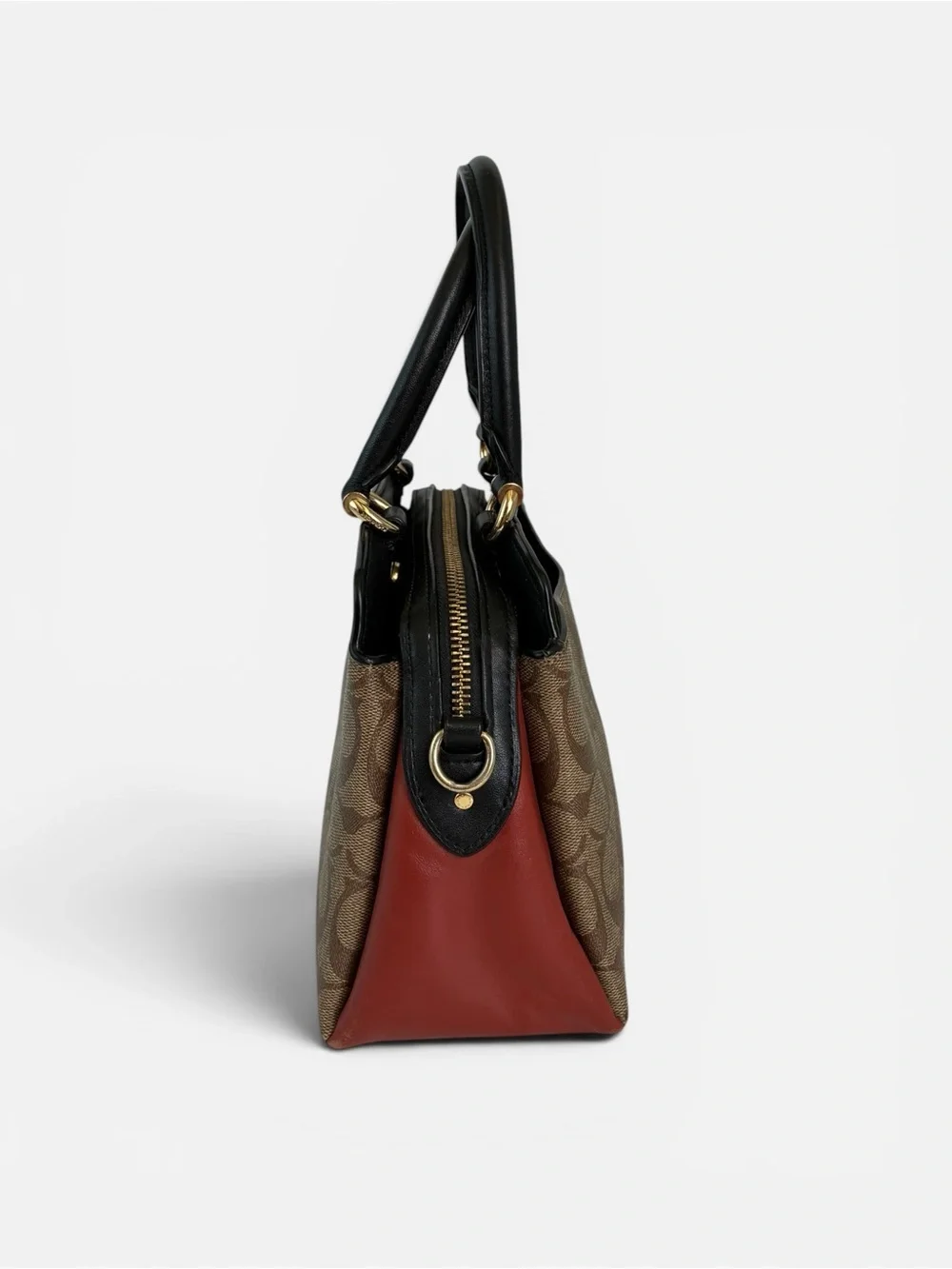 Coach Brown Signature Satchel with Black Handles and Red Sides